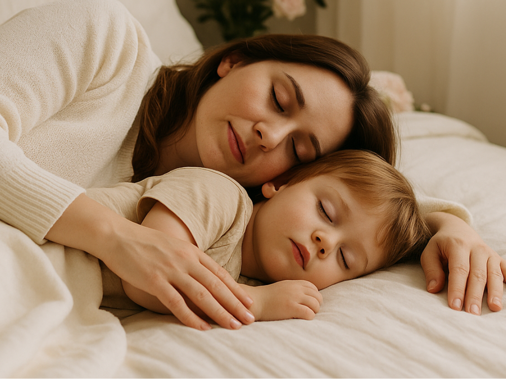 Mãe a dormir serenamente com o pequeno filho