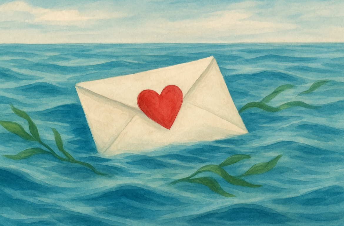 Imagem poética do mar azul com uma carta a flutuar: representação visual do poema ‘Mayday’ de Beatriz Meireles.